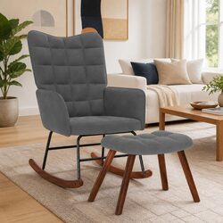 Comfortable Grey Velvet Rocking Chair with Footstool