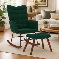 Green Velvet Rocking Chair with Footstool for Relaxation