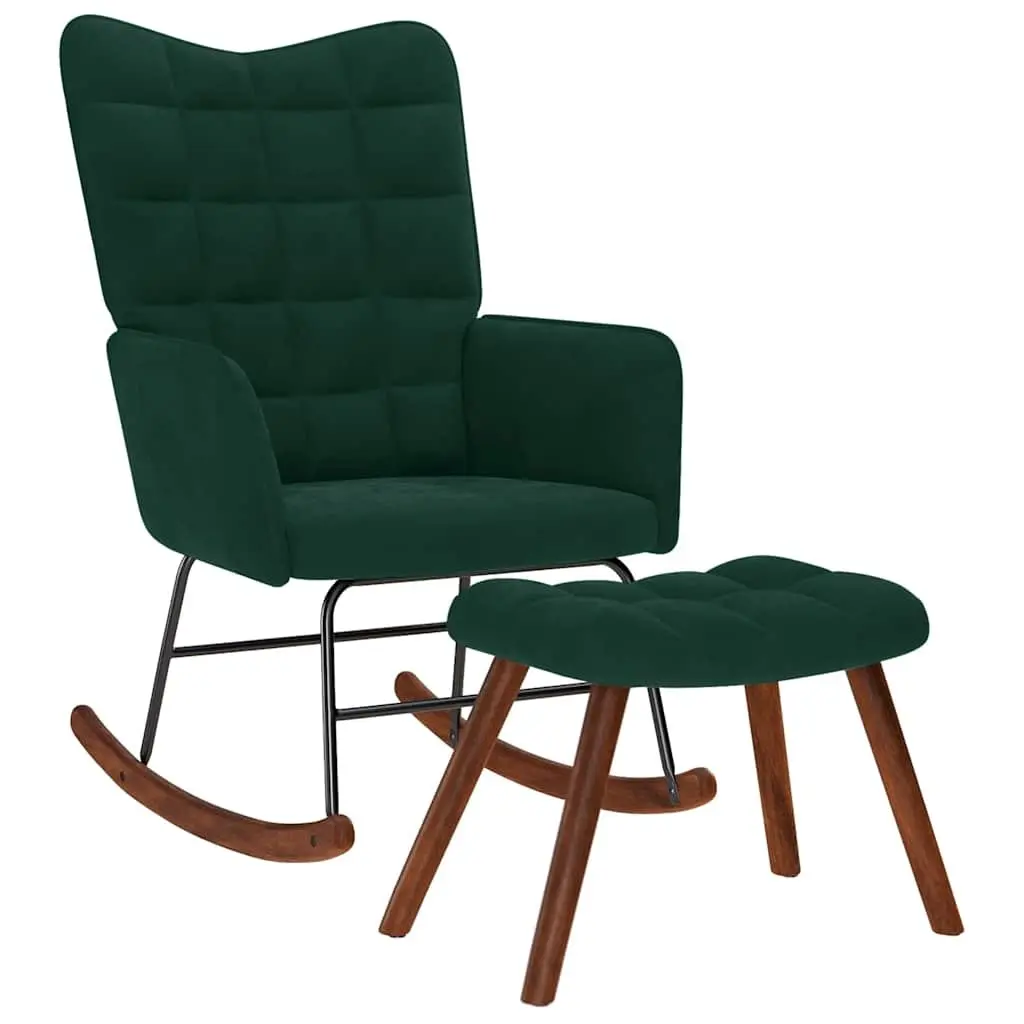 Rocking Chair Dark Green Velvet with Stool Lounge Seat Plywood and Metal Frame