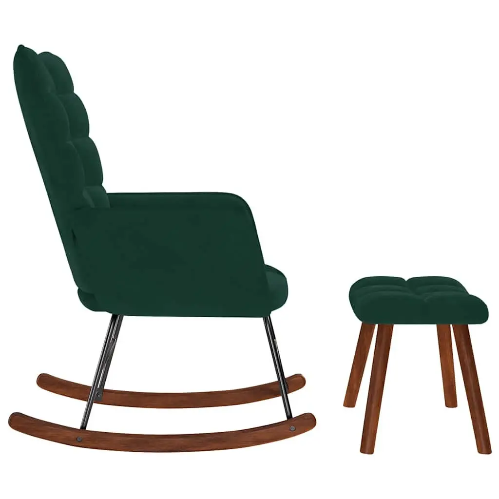 Rocking Chair Dark Green Velvet with Stool Lounge Seat Plywood and Metal Frame