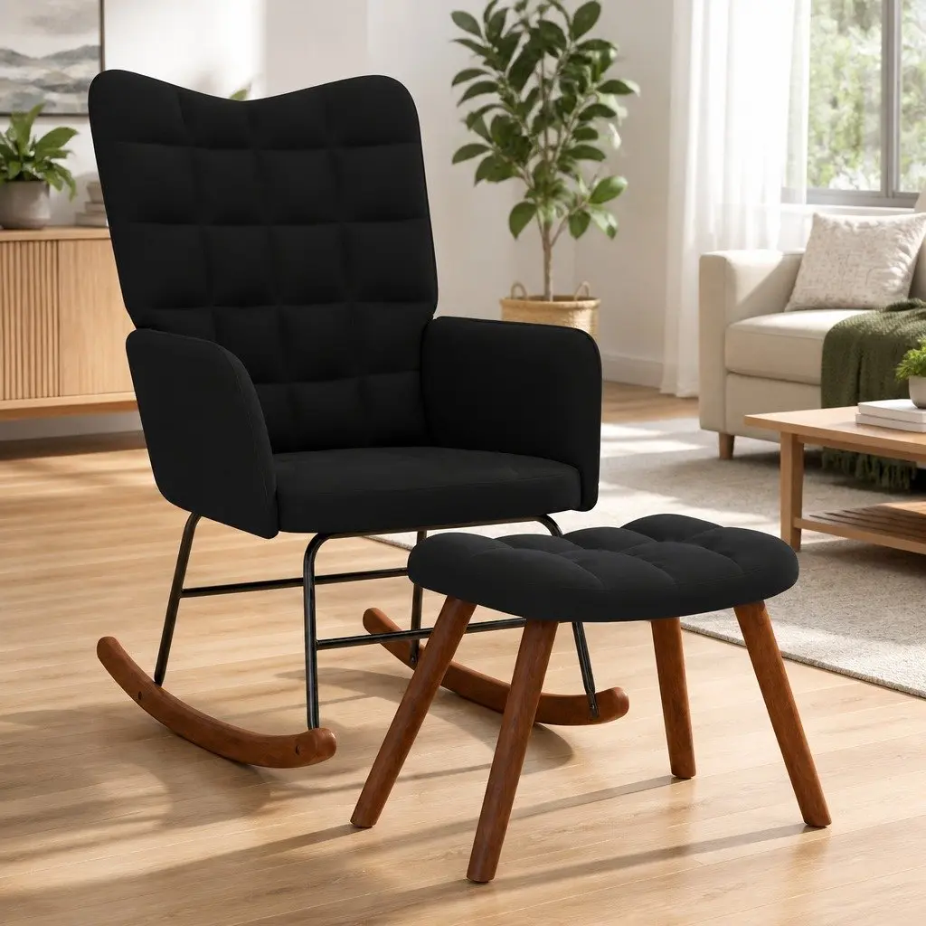Velvet Upholstered Rocking Chair with Footstool