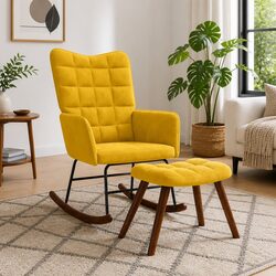 Velvet Yellow Rocking Chair with Matching Stool