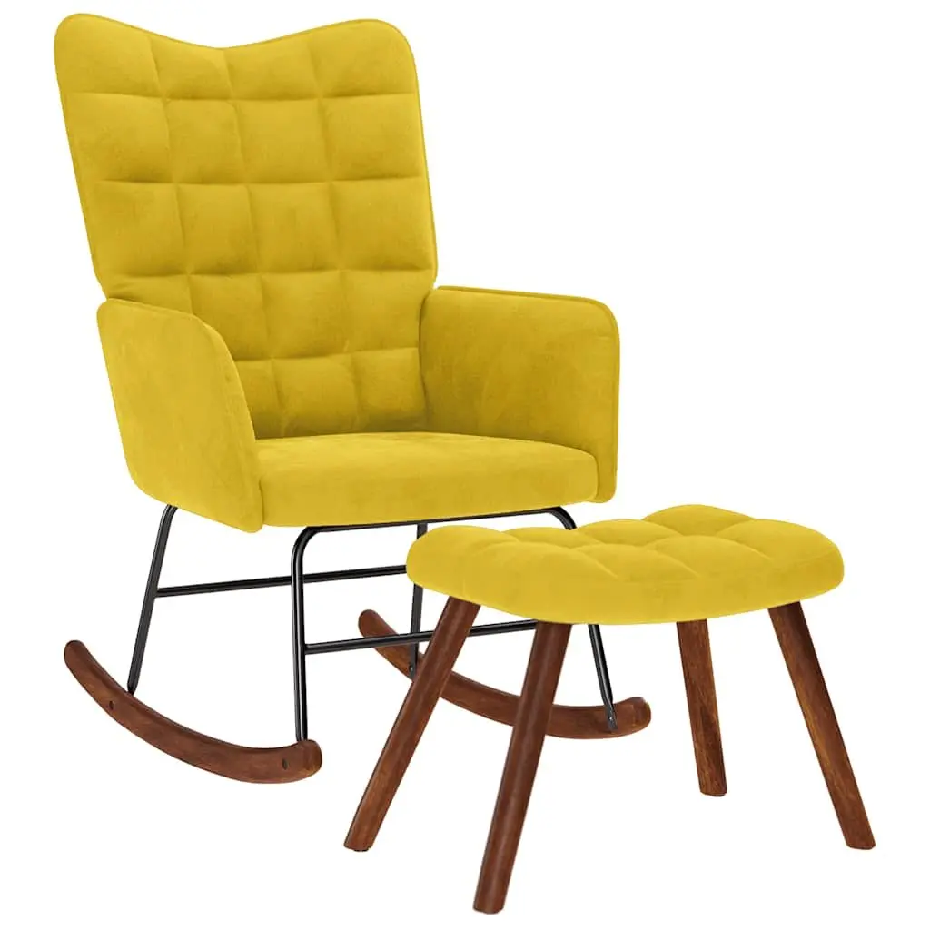 Velvet Yellow Rocking Chair with Matching Stool