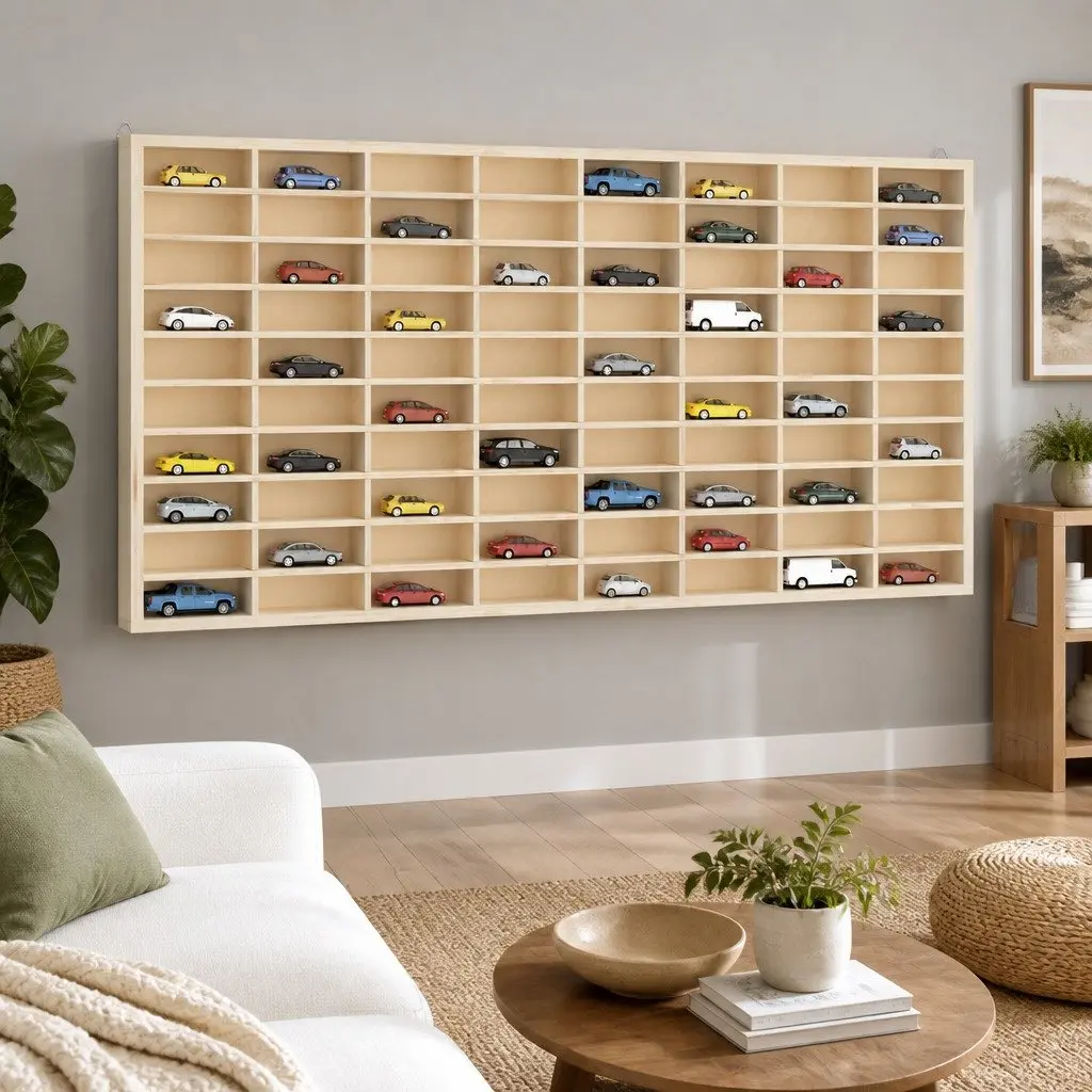 Wooden Wall Mounted Display Case Brown 80 Compartments Plywood