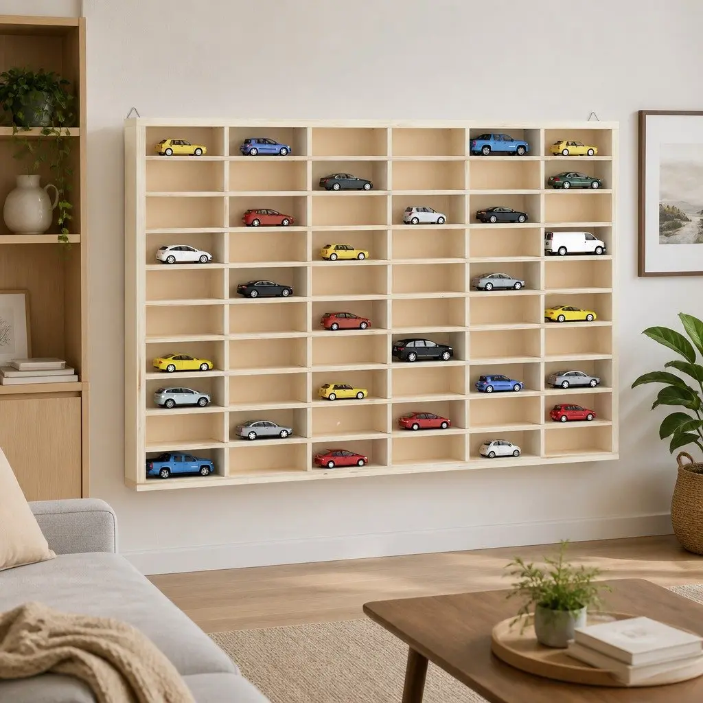 Wooden Wall Mounted Display Case Brown 60 Compartment Plywood