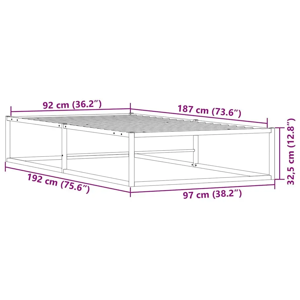 Black Metal Bed Frame with Slatted Base 92x187 cm