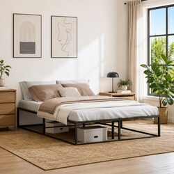 Classic Black Metal Bed Frame with Slatted Base 137x187 cm