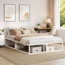 White Metal Bed Frame with Slatted Base 137x187 cm