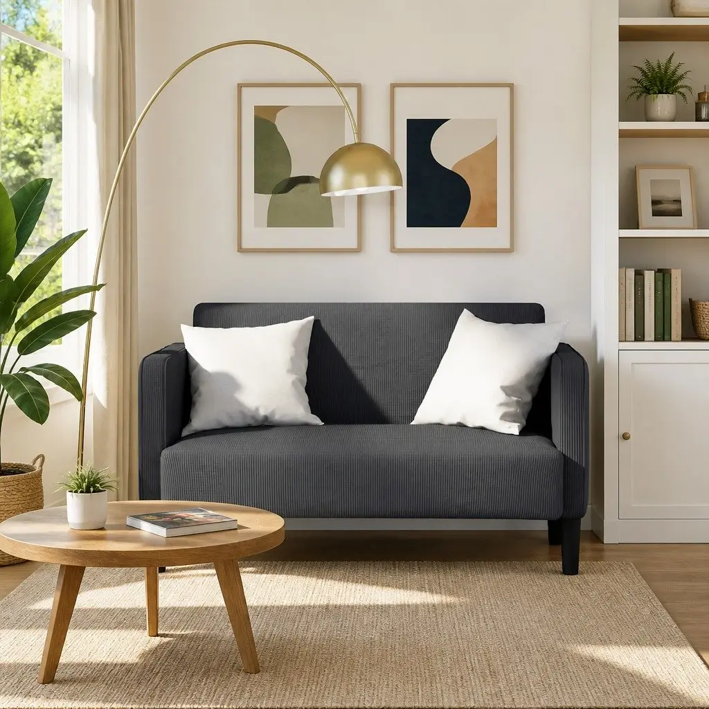 Loveseat Sofa Grey Corduroy Fabric 109cm Compact Two Seater Couch Furniture