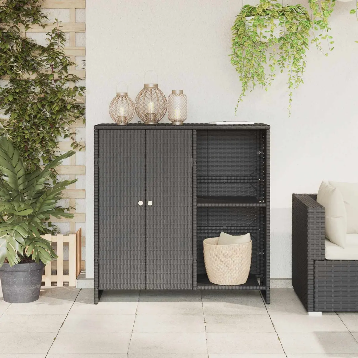 Storage Cabinet Black Rattan Rectangular Modern Living Room Organizer