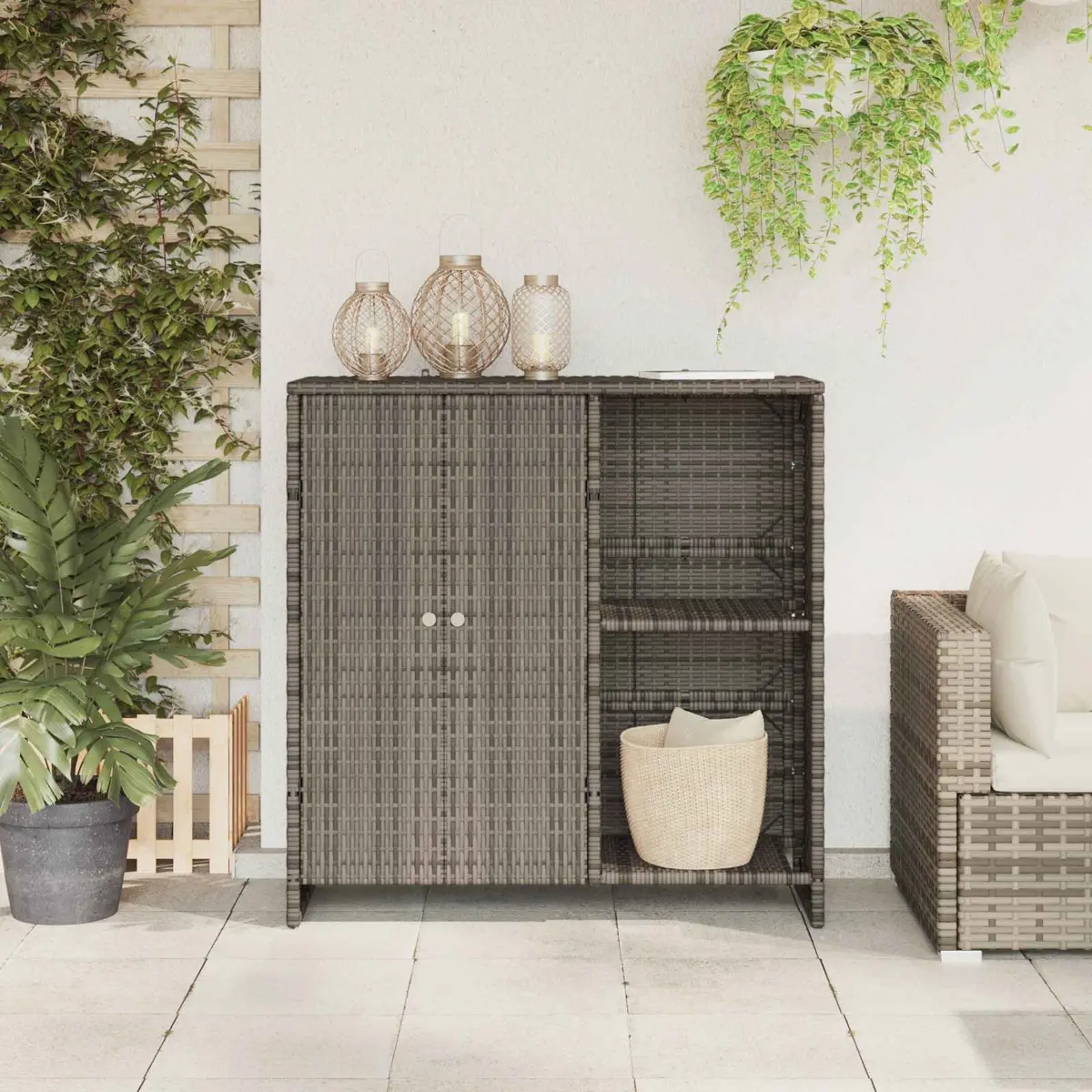 Rattan Storage Cabinet Grey Rectangular Adjustable Shelves 100x36x102cm
