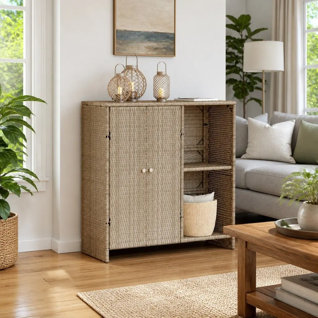 Beige Rattan Storage Cabinet for Living Room