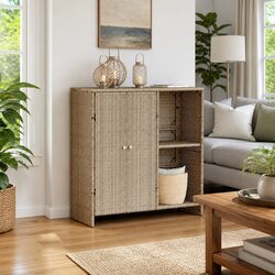 Beige Rattan Storage Cabinet for Living Room