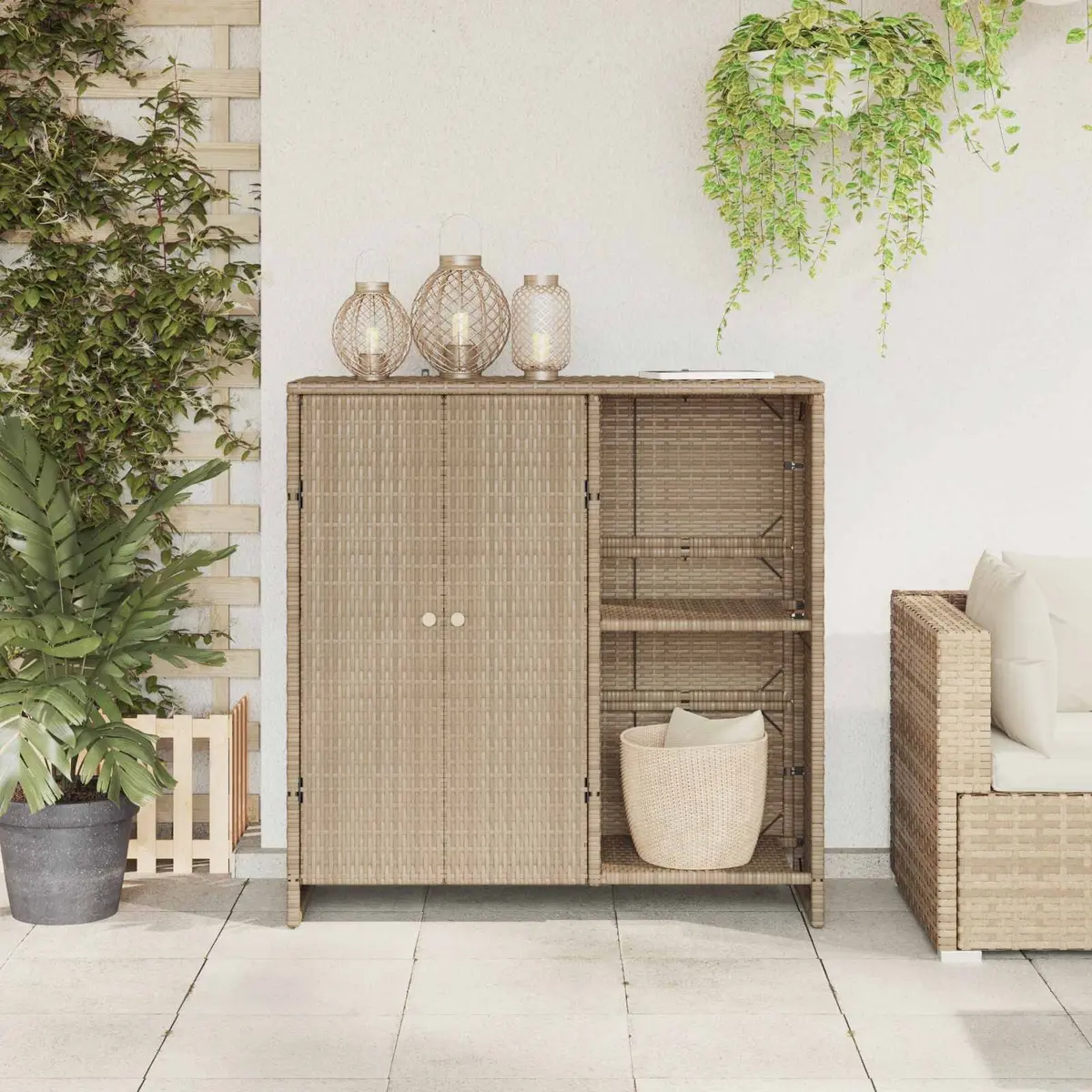 Rattan Beige Storage Cabinet Rectangular Living Room Furniture with Adjustable Shelves 100x36x102cm