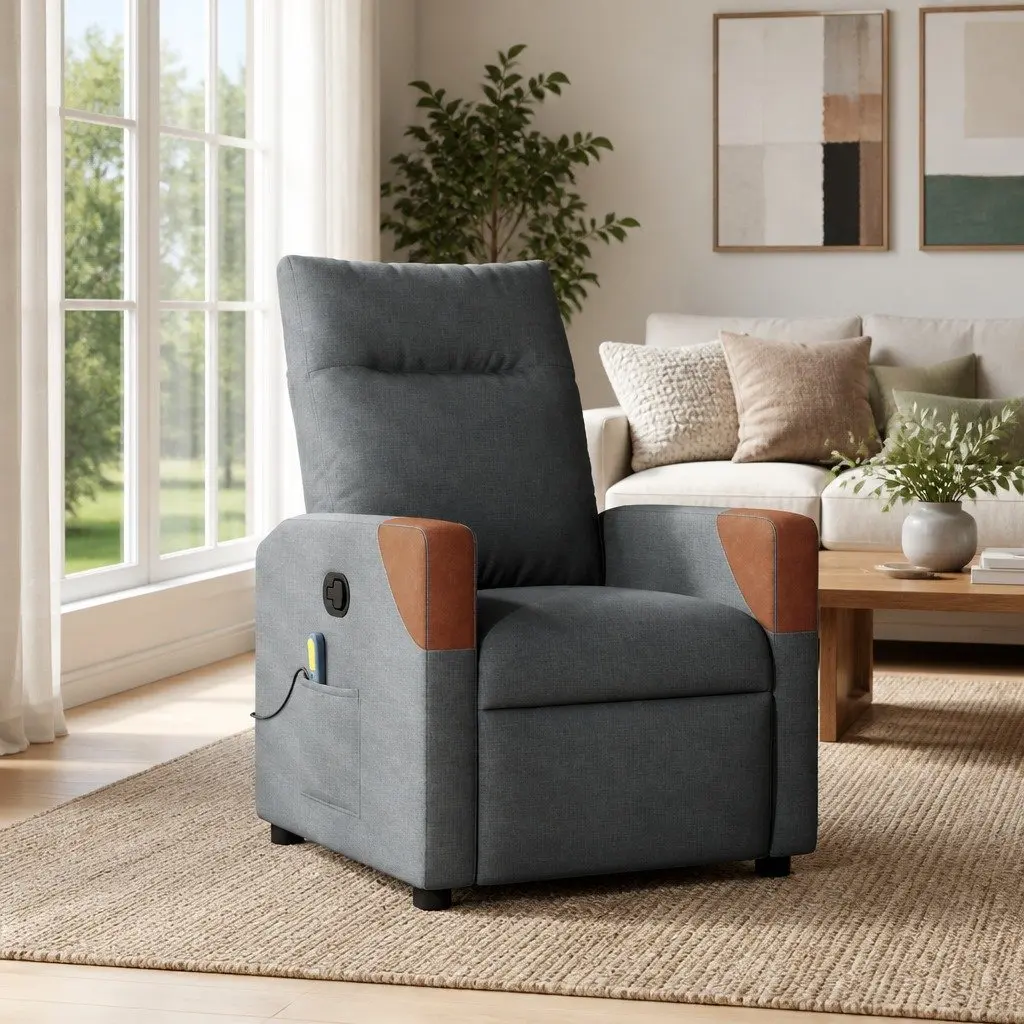 Massage Recliner Chair Grey Fabric Manual Recline 6 Point Vibration Armchair
