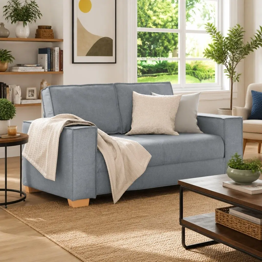2-Seater Sofa Grey Fabric Polyester Living Room Couch with Wide Armrests