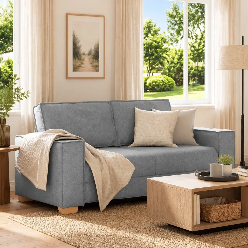 2-Seater Sofa Grey Fabric Lounge Couch Polyester Wood and Metal Frame