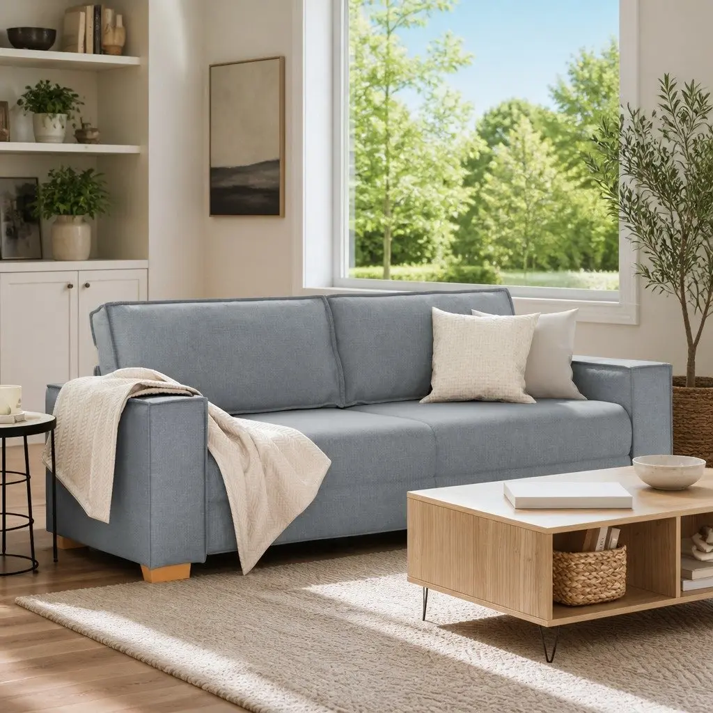 3-Seater Sofa Light Grey Fabric 220x78x84cm Polyester Wood and Metal Frame