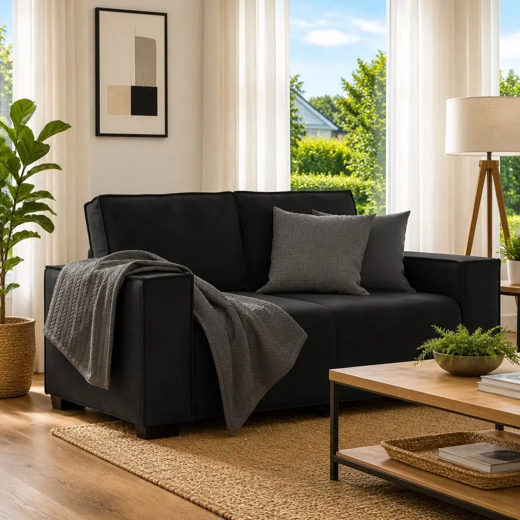 2-Seater Sofa in Black Velvet for Living Rooms