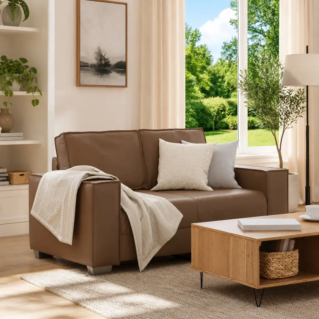 Brown Faux Leather Loveseat Sofa 160cm