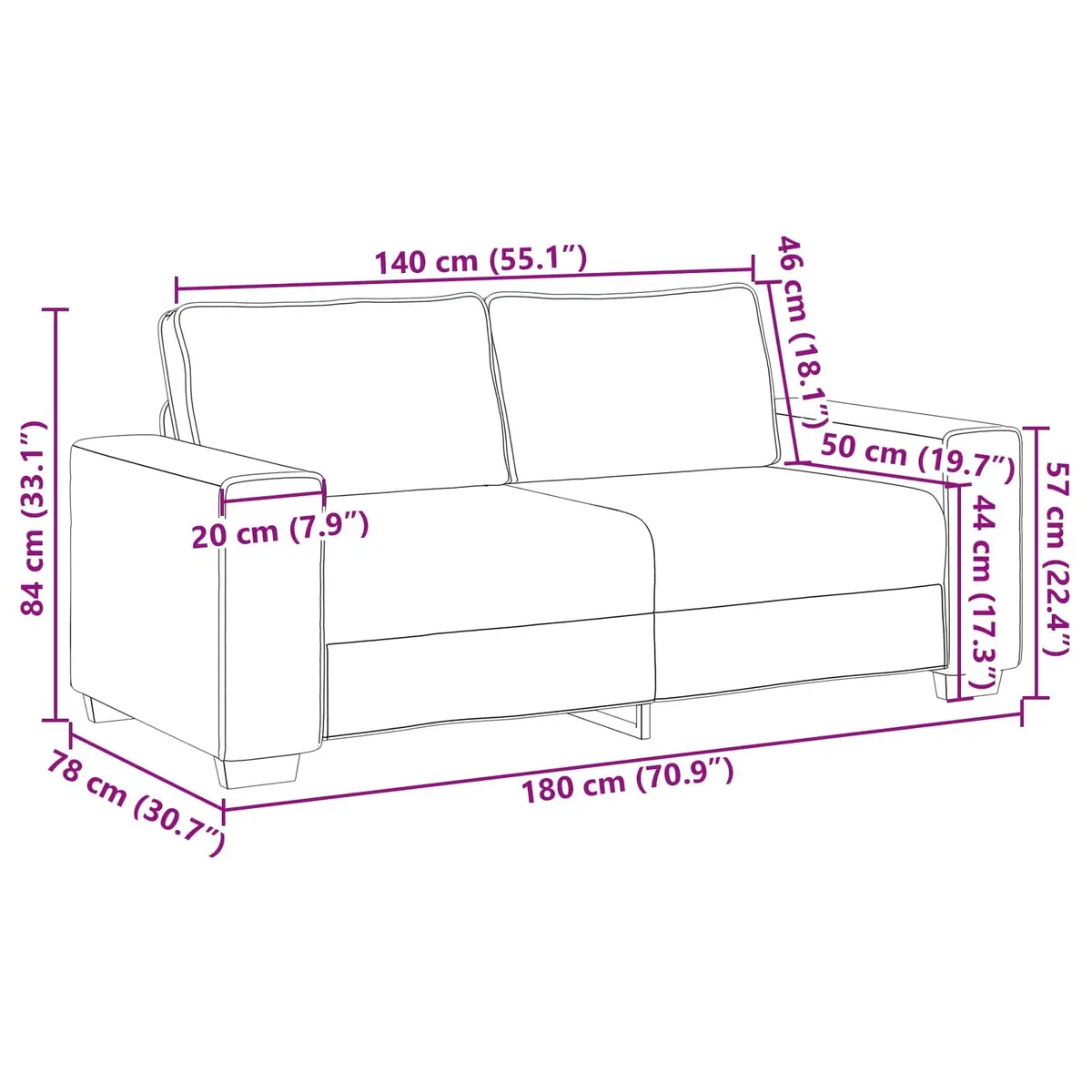Brown Faux Leather Loveseat Sofa 180 cm