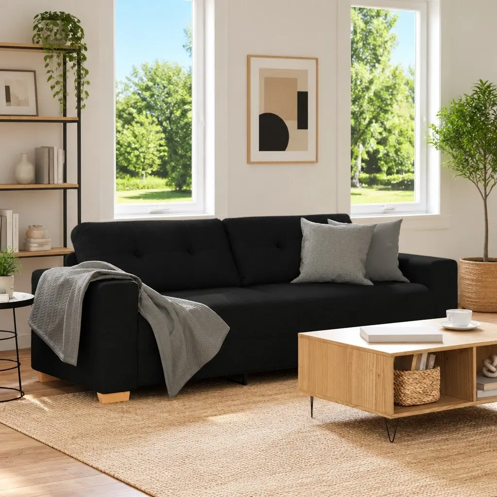3-Seater Sofa Black Fabric Modern 220cm Polyester Plywood Metal