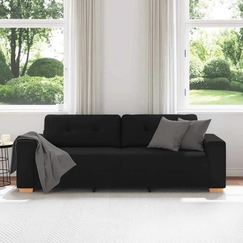 3-Seater Sofa Black Fabric Modern 220cm Polyester Plywood Metal