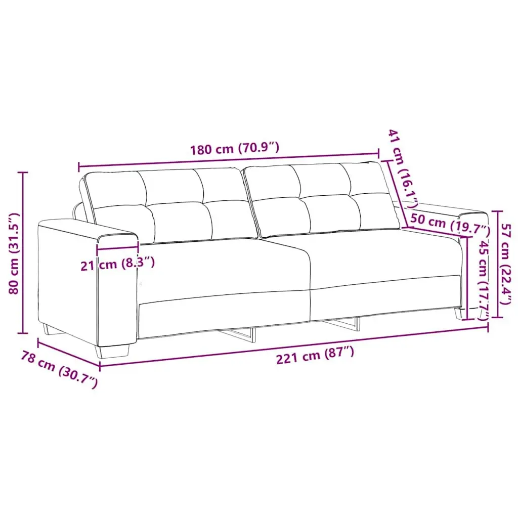3-Seater Sofa Black Fabric Modern 220cm Polyester Plywood Metal