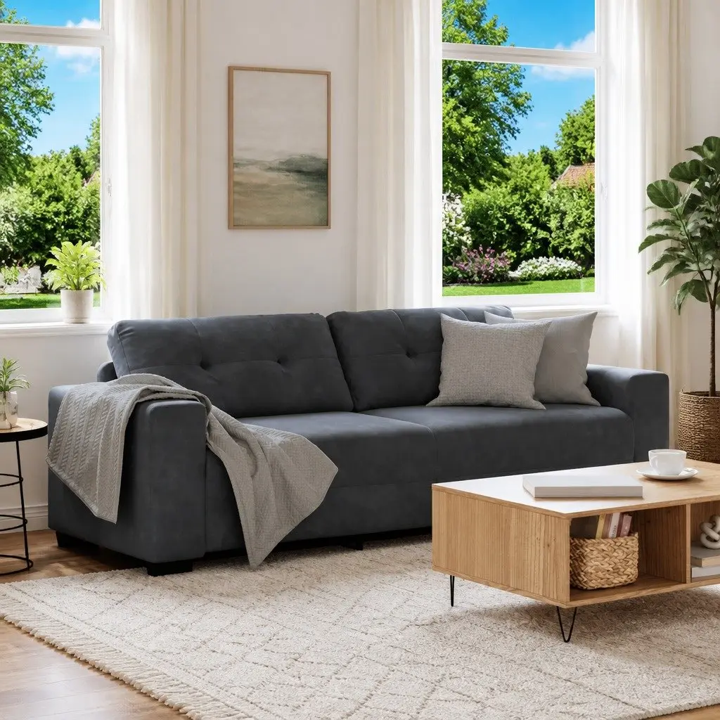 3-Seater Sofa Grey Velvet Living Room Furniture Relaxation Couch Padded Seats
