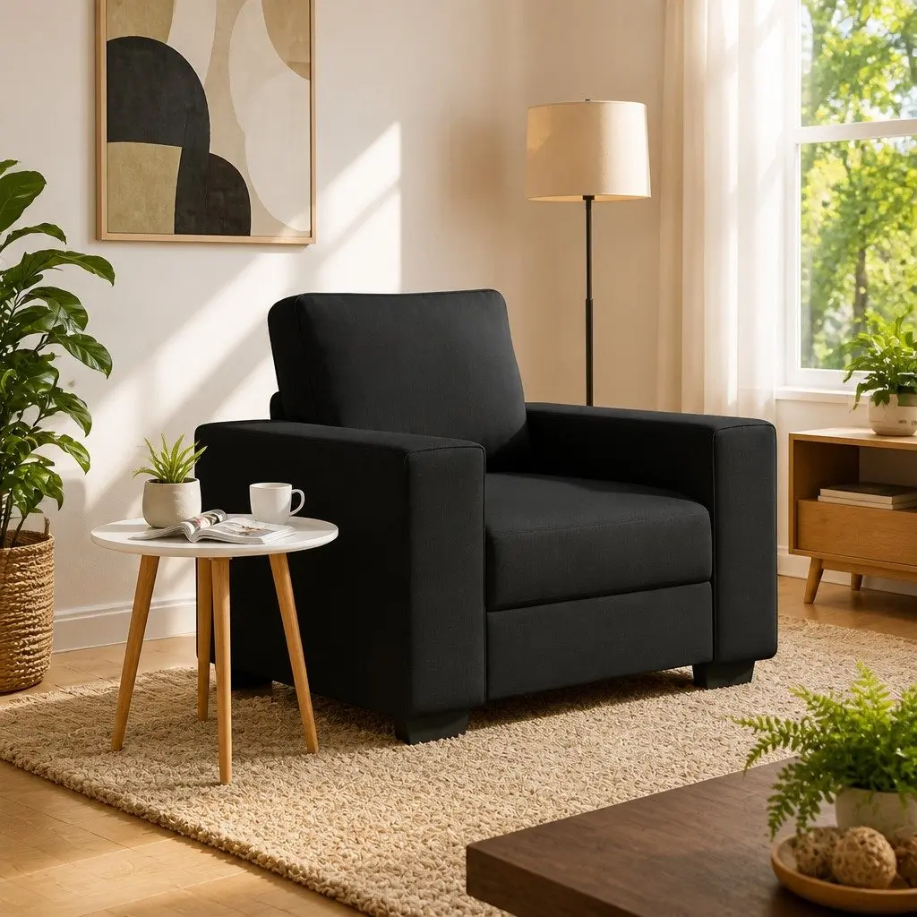 Sofa Chair Black Fabric Lounge Seat Armrest 100x77x82cm Polyester Wood Metal Frame