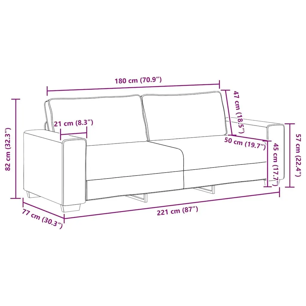3-Seater Sofa Black Fabric 220x77x82cm Polyester Wooden and Metal Frame