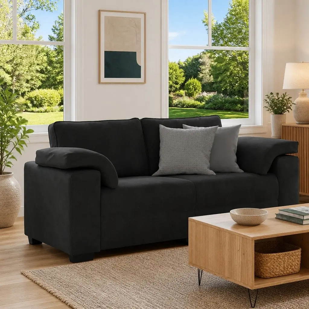 Loveseat Sofa Black Velvet 2 Seater 180x77x82cm Plywood and Metal Frame