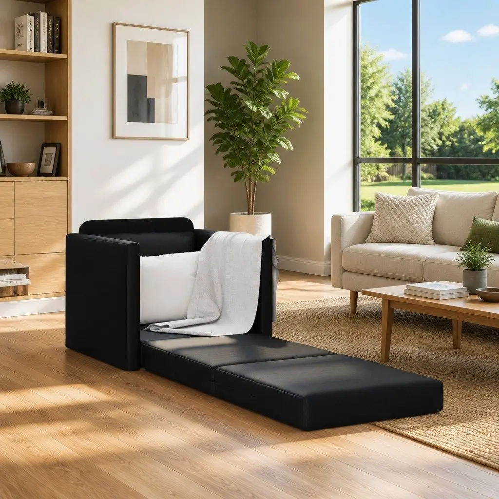 Floor Sofa Bed 60cm in Black Faux Leather