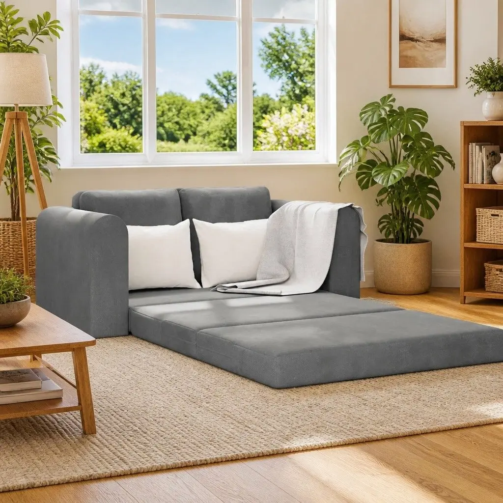 Sofa Bed Grey Velvet 148x71x83cm Convertible Couch Guest Bedroom Modern Living