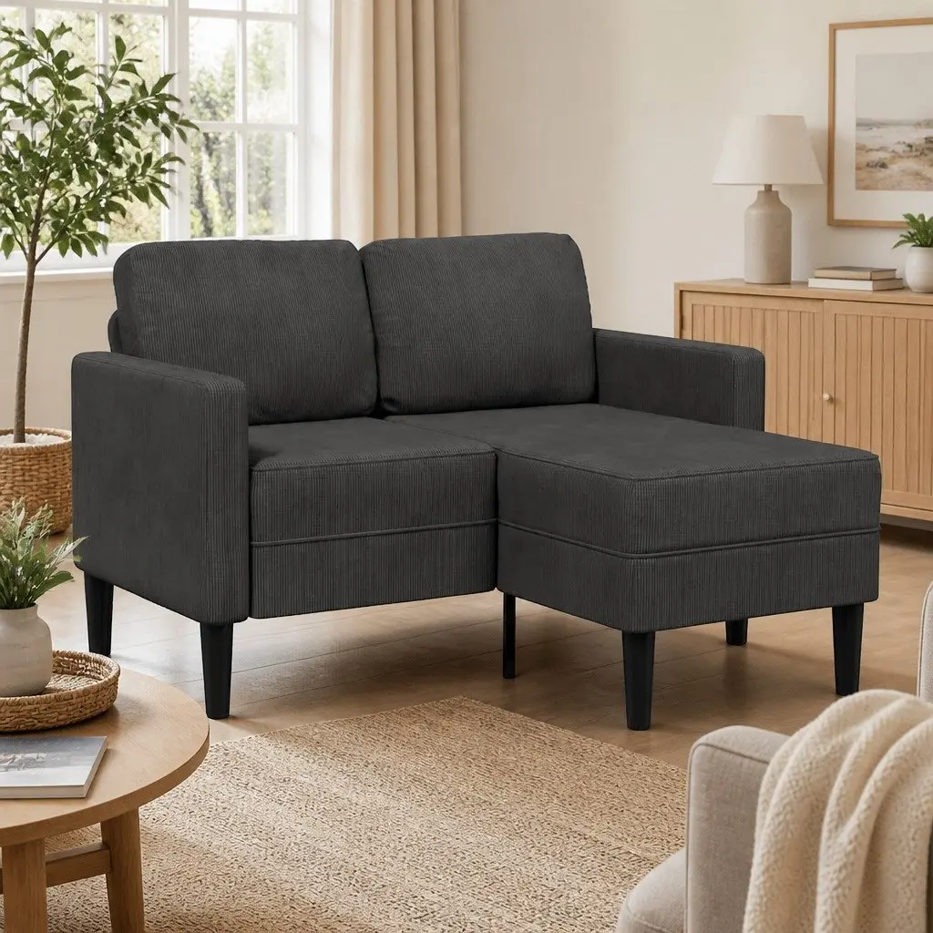 L-Shaped Sofa Grey Linen 125cm 2-Seater with Chaise Lounge