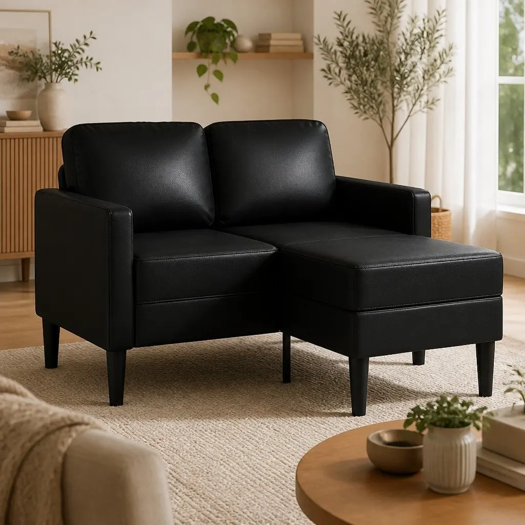 L-Shaped 2-Seater Sofa with Chaise Lounge Corner Couch Black Faux Leather