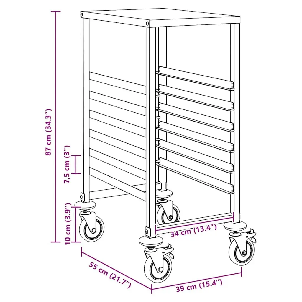 Stainless Steel Kitchen Trolley with 6 GN Container Slots 39x55x87 cm Catering