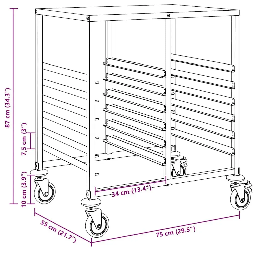 Tray Trolley Kitchen Dining Service Cart Stainless Steel Silver 75 x 55 x 87 cm