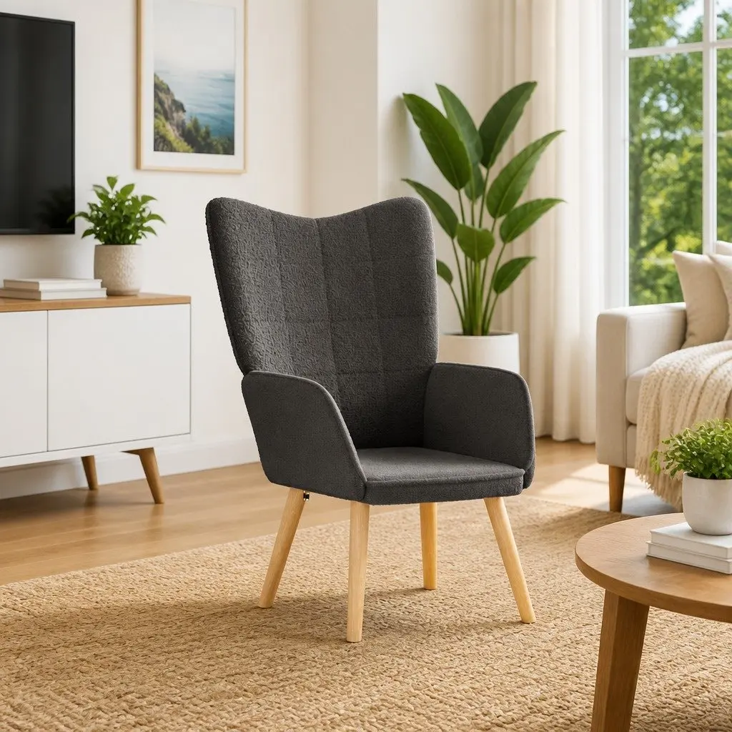 Armchair Dark Grey Sherpa Fabric Ergonomic Living Room Bedroom