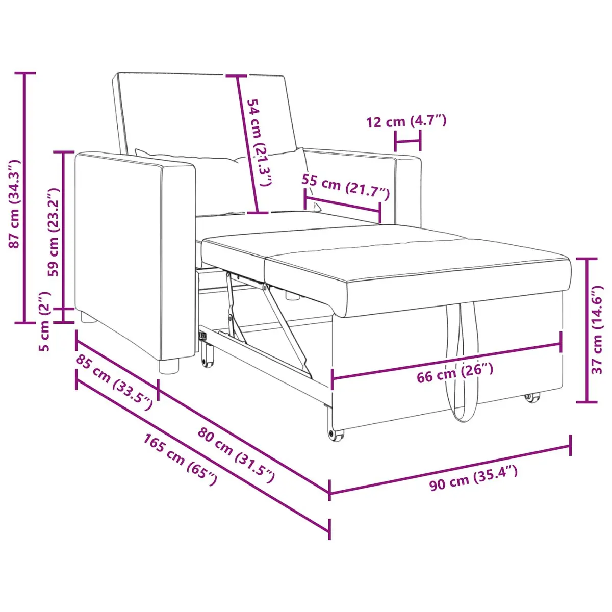 Pull Out Sofa Bed Grey 90x165x87cm 3-in-1 Convertible Armchair Recliner Fabric Steel