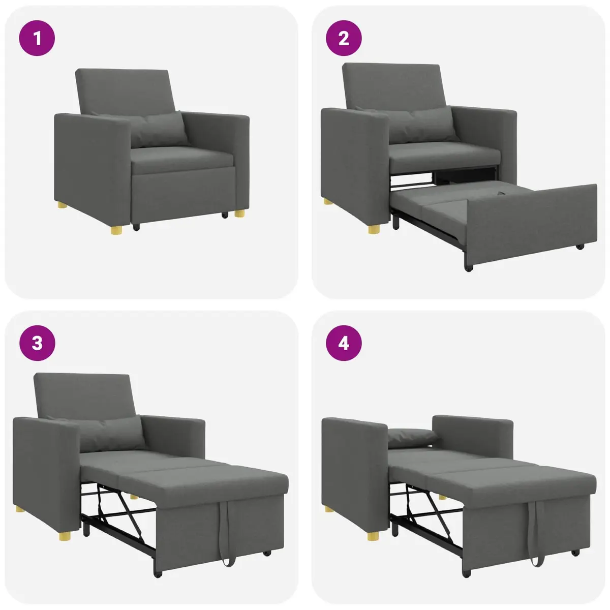 Pull Out Sofa Bed Grey 90x165x87cm 3-in-1 Convertible Armchair Recliner Fabric Steel
