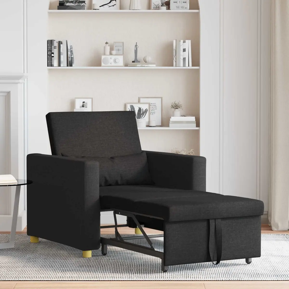 Single Sofa Bed Convertible Armchair Recliner 3-in-1 Black Fabric Steel