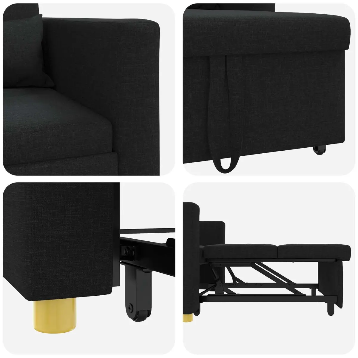 Single Sofa Bed Convertible Armchair Recliner 3-in-1 Black Fabric Steel