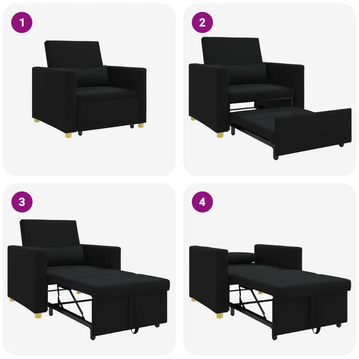 Single Sofa Bed Convertible Armchair Recliner 3-in-1 Black Fabric Steel