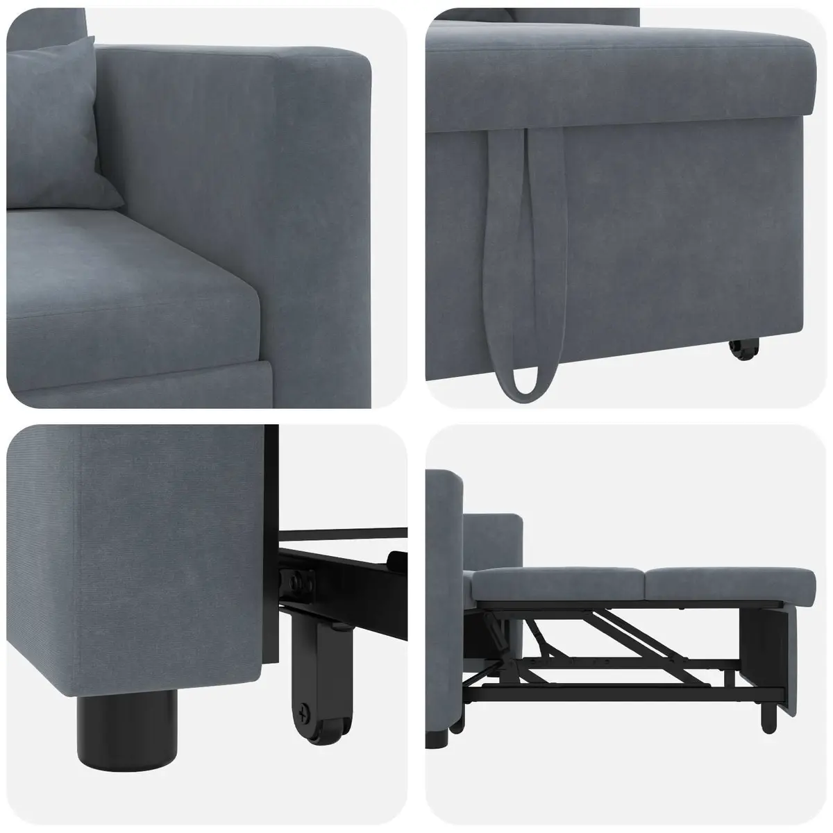 Single Sofa Bed Convertible Chair Recliner Grey Velvet 3-in-1 Adjustable Backrest Pull Out with Wheels