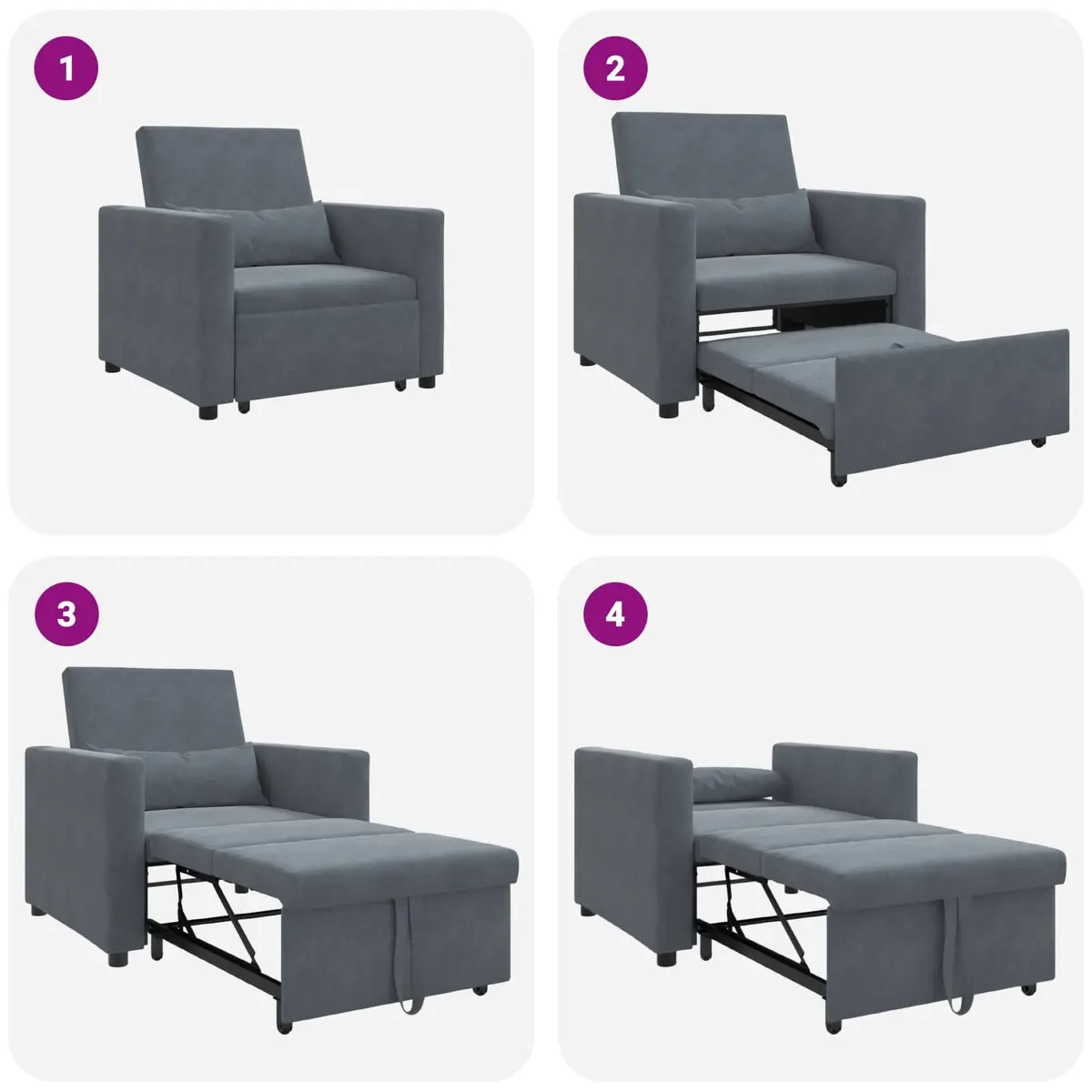 Single Sofa Bed Convertible Chair Recliner Grey Velvet 3-in-1 Adjustable Backrest Pull Out with Wheels