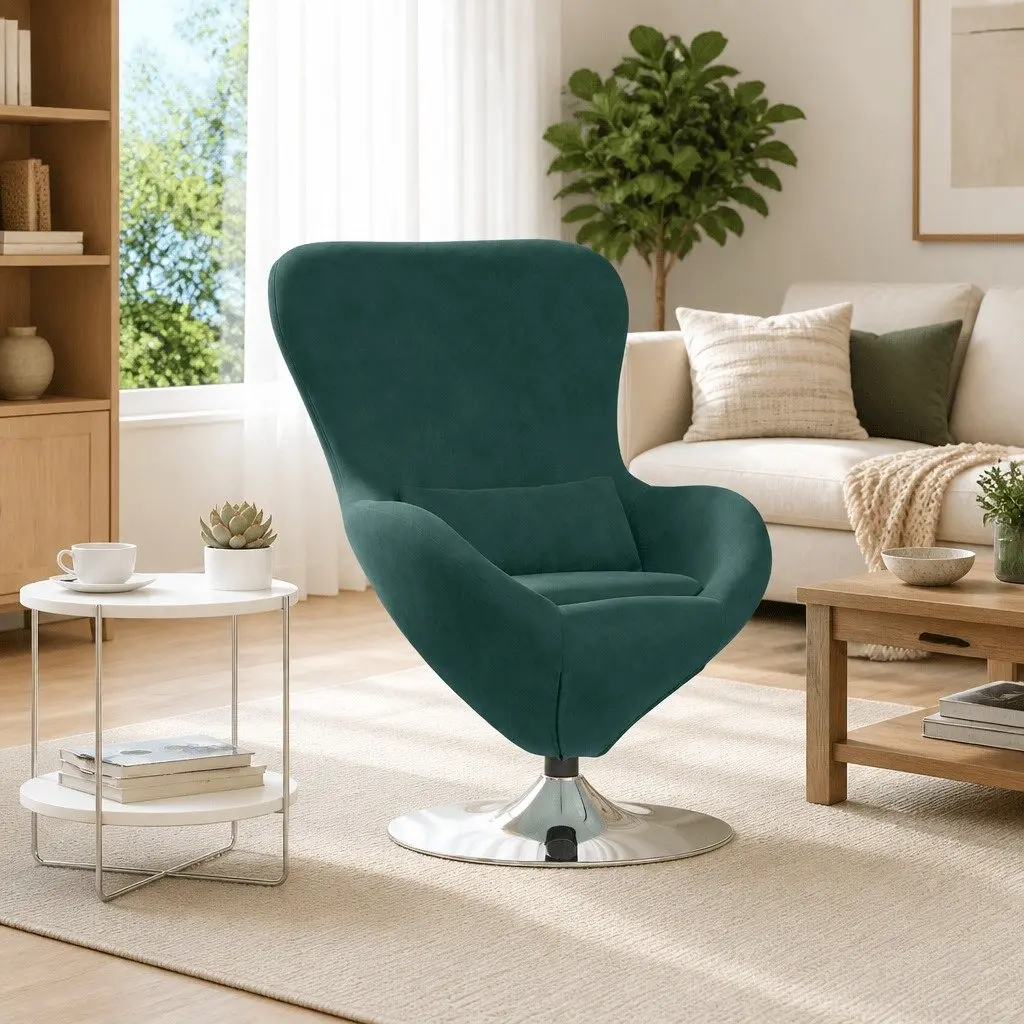 Egg Chair Modern Velvet Swivel Lounge Armchair Dark Green