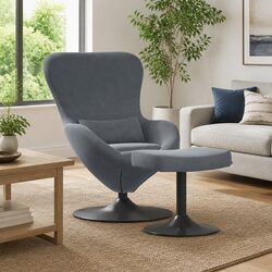 Grey Velvet Egg Chair with Swivel Footstool