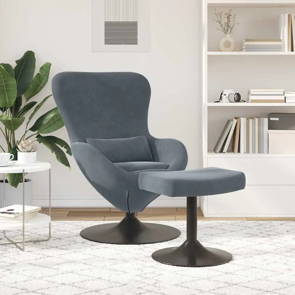 Egg Chair with Footstool Modern Grey Velvet Swivel Lounge Armchair