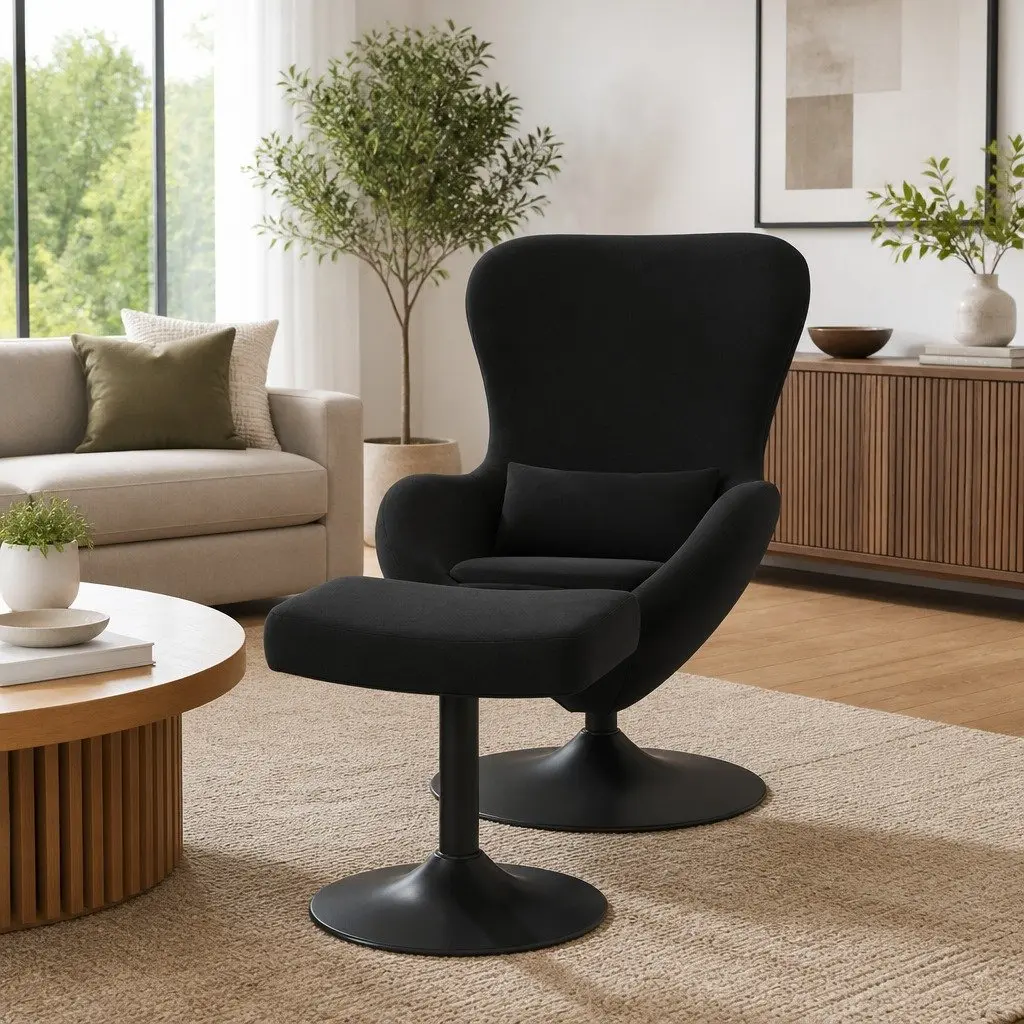 Black Velvet Egg Chair with Footstool